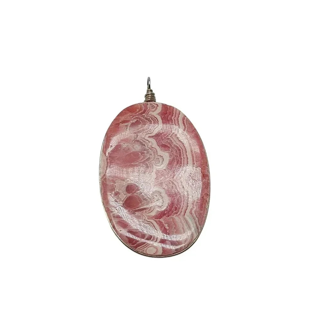 Pink Rhodochrosite Oval Pendant Sterling Silver Vintage 2.5 in